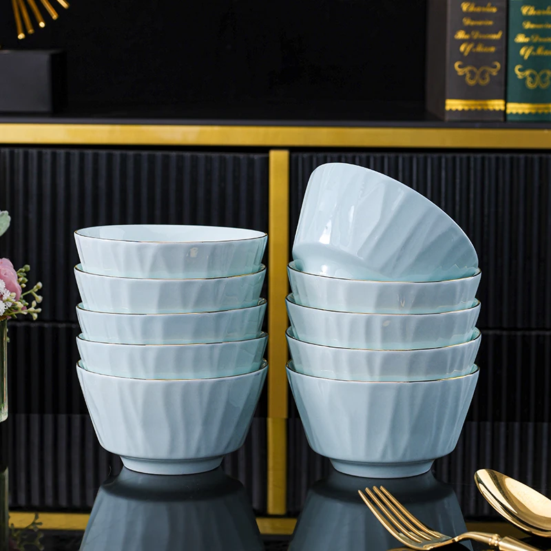 句途10只描金青琉璃碗家用米饭碗4.5英寸吃面碗影青瓷加厚防烫碗