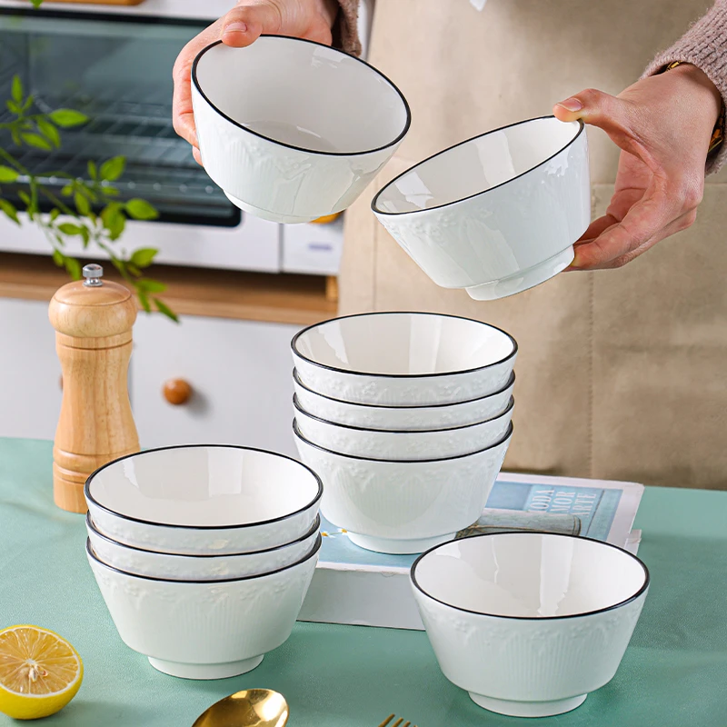 句途10只4.5英寸花宝碗釉下彩家用米饭碗简约浮雕纹白色餐具