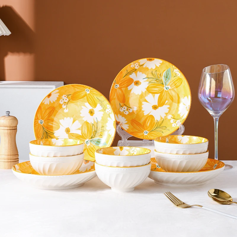 句途花开富贵10件碗盘套装浮雕纹釉下彩家用餐具套装