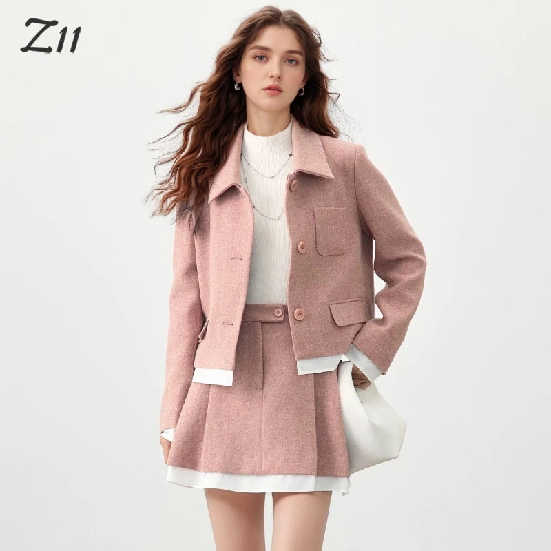 z11羊毛套装裙女士短款上衣+短裙2件套2024秋冬新品学院