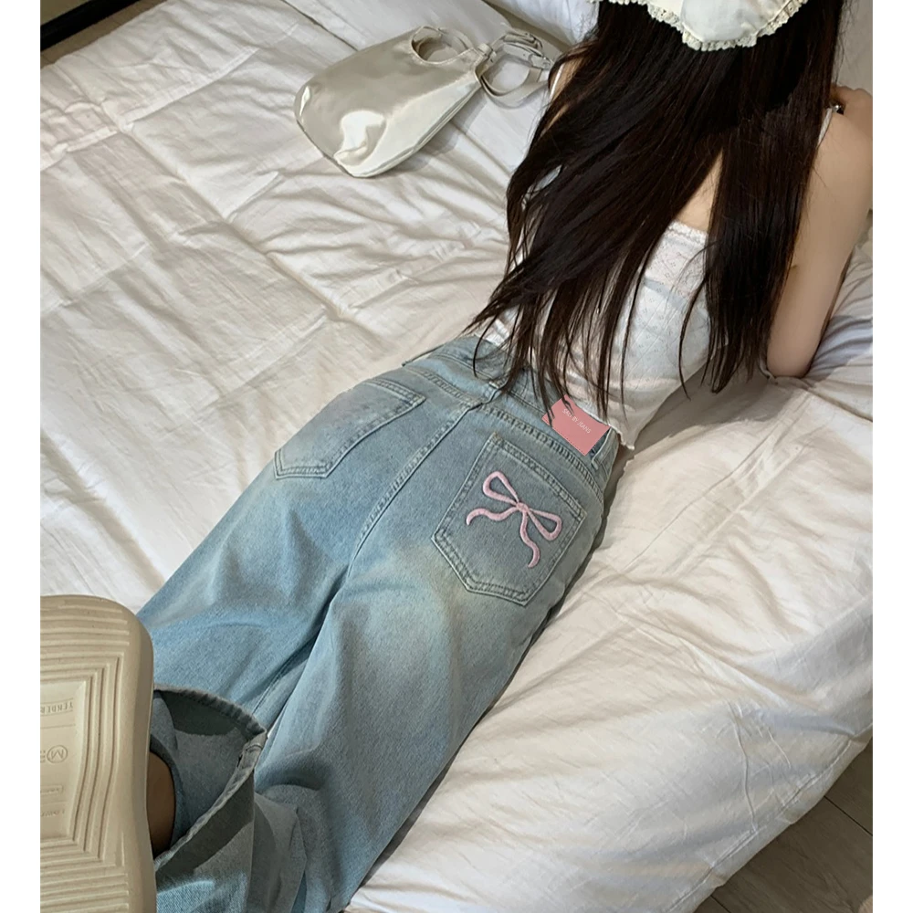 【芳芳惊喜】夏季休闲粉丝色刺绣蝴蝶结牛仔裤女韩版宽松百搭显瘦
