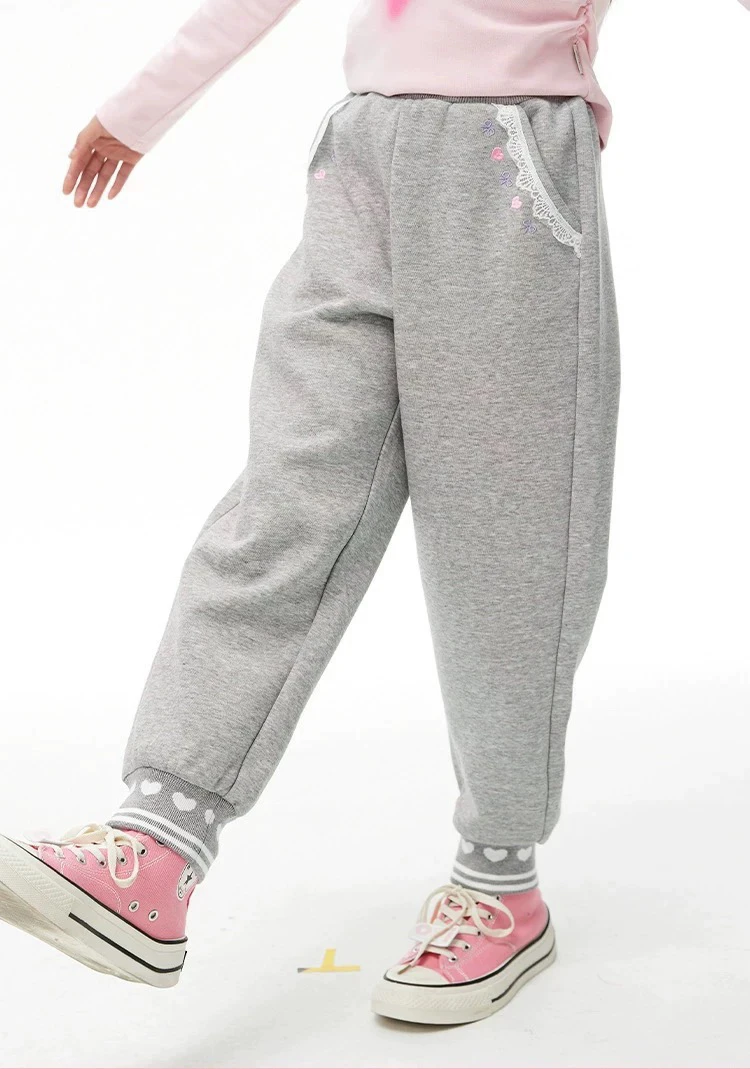 品牌2024春秋新款女童休闲运动裤中大儿童针织长裤灰色三表齐百搭