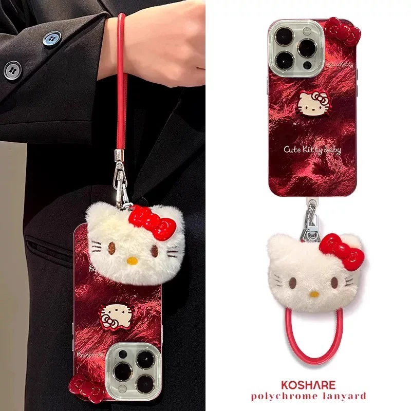 红色冰川纹凯蒂猫公仔挂绳适用苹果/华为/oppo/vivo手机壳款