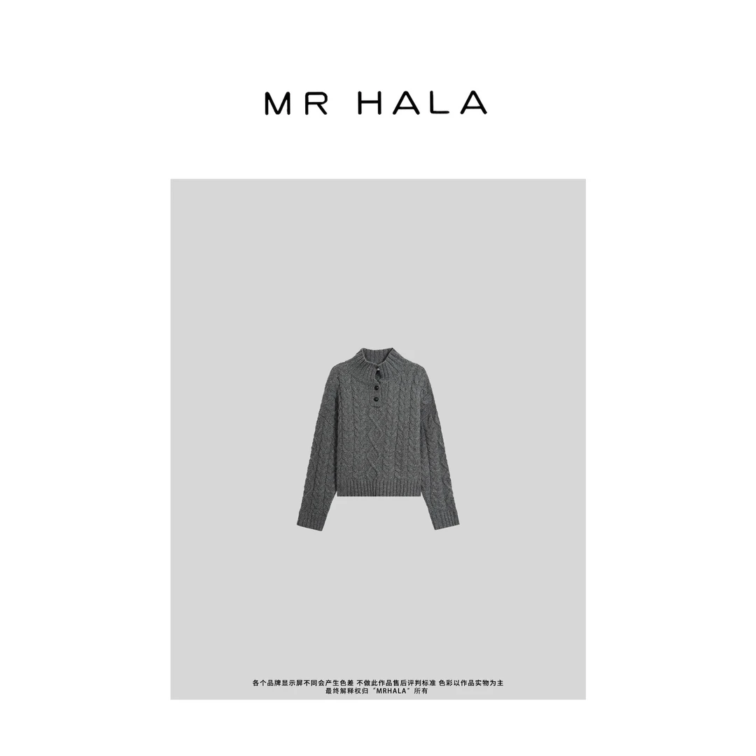 MRHALA 香香初剪羊毛粗针绞花纽扣毛衣女 LM310068