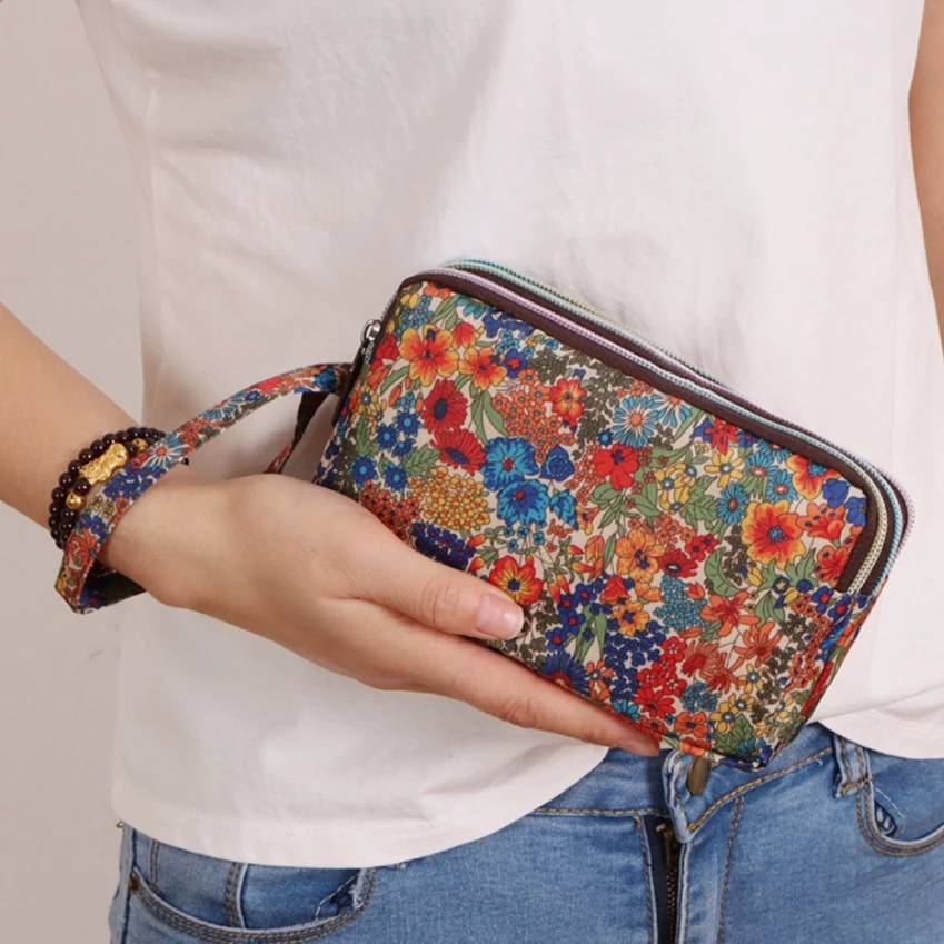 【外贸单】日系小包女 三层拉链零钱包锦绣花开手拎包包