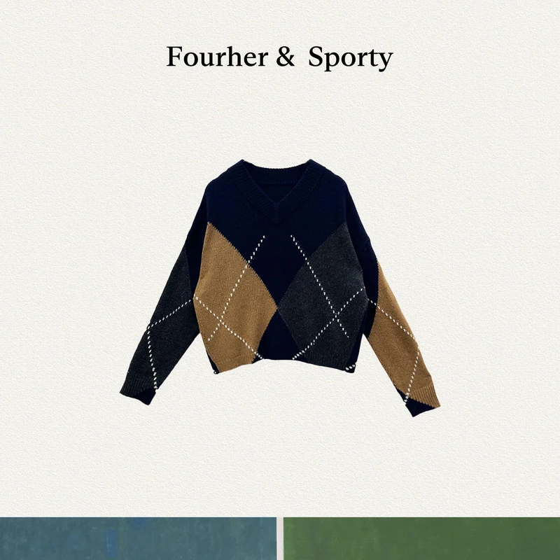 FOURHER 藤校菱格 Sporty 复古学院 撞色方块V领针织衫
