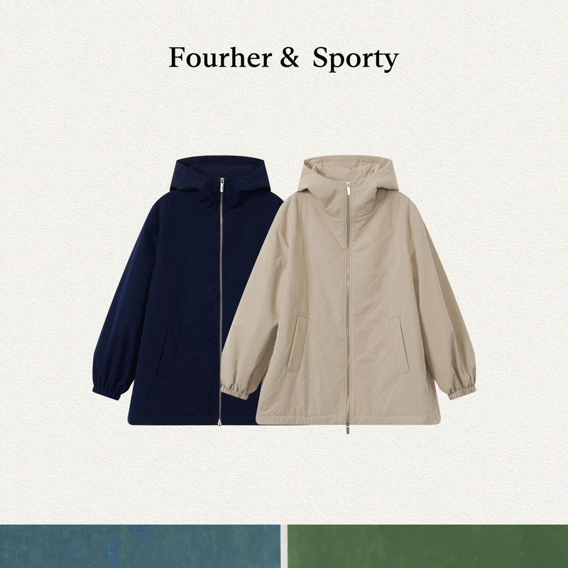 FOURHER 北欧暖壳 OS廓形Sporty毛呢夹层 菱格棉服连帽外套