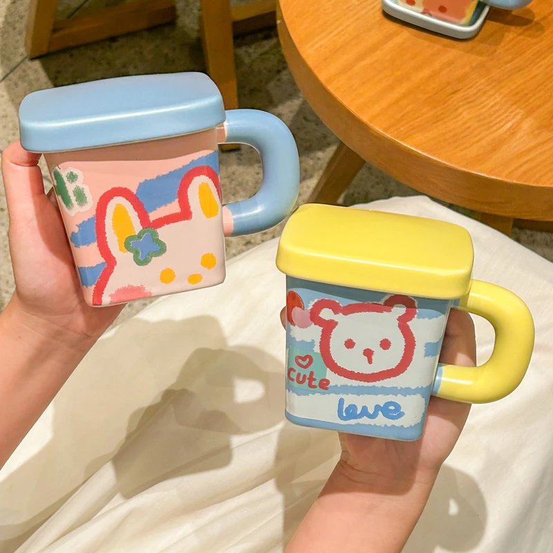 马克杯高颜值带盖勺陶瓷杯子女生可爱情侣早餐咖啡杯办公室喝水杯