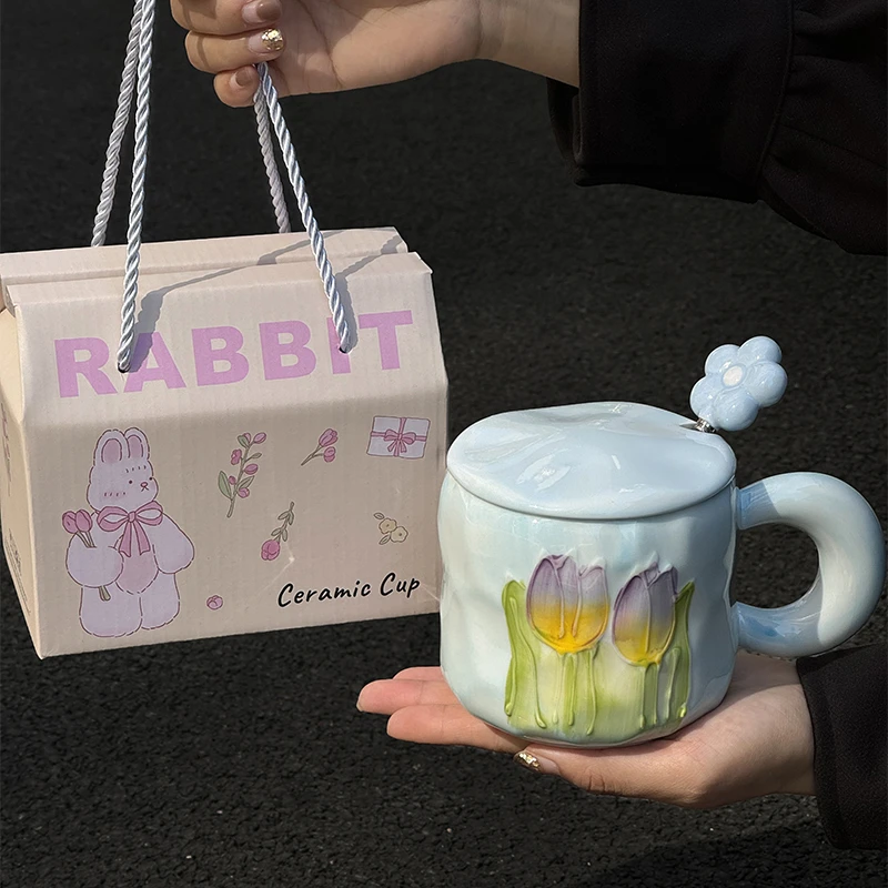 高颜值郁金香陶瓷马克杯带盖勺伴手礼女生实用杯子送闺蜜生日礼物
