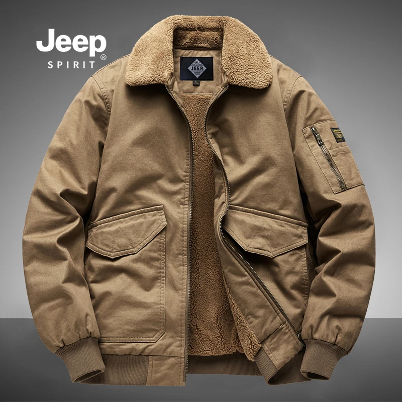 JEEP SPIRIT吉普羊羔绒外套冬季加绒加厚保暖棉服工装飞行员夹克