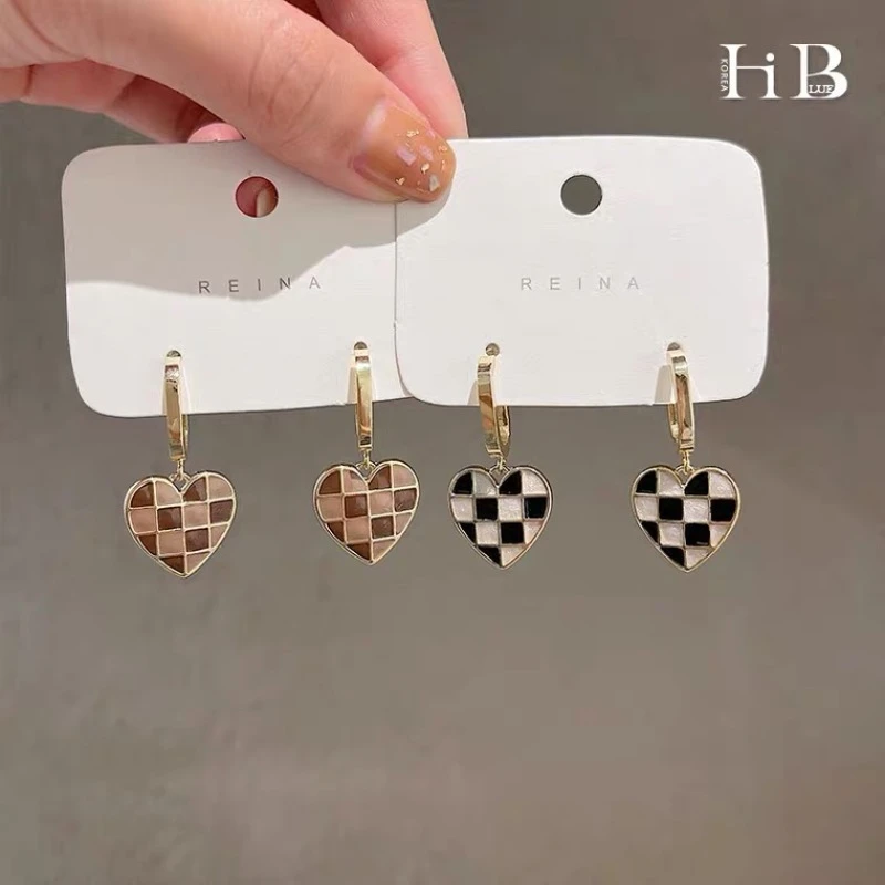 春季复古咖色格子爱心耳环女新款潮韩国气质网红耳钉耳饰42