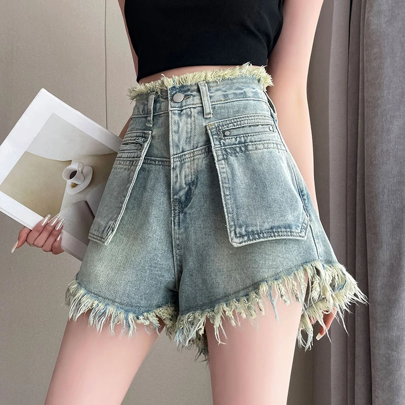 高腰牛仔短裤女夏季薄款新款2024毛边宽松显瘦百搭阔腿牛仔短裤子