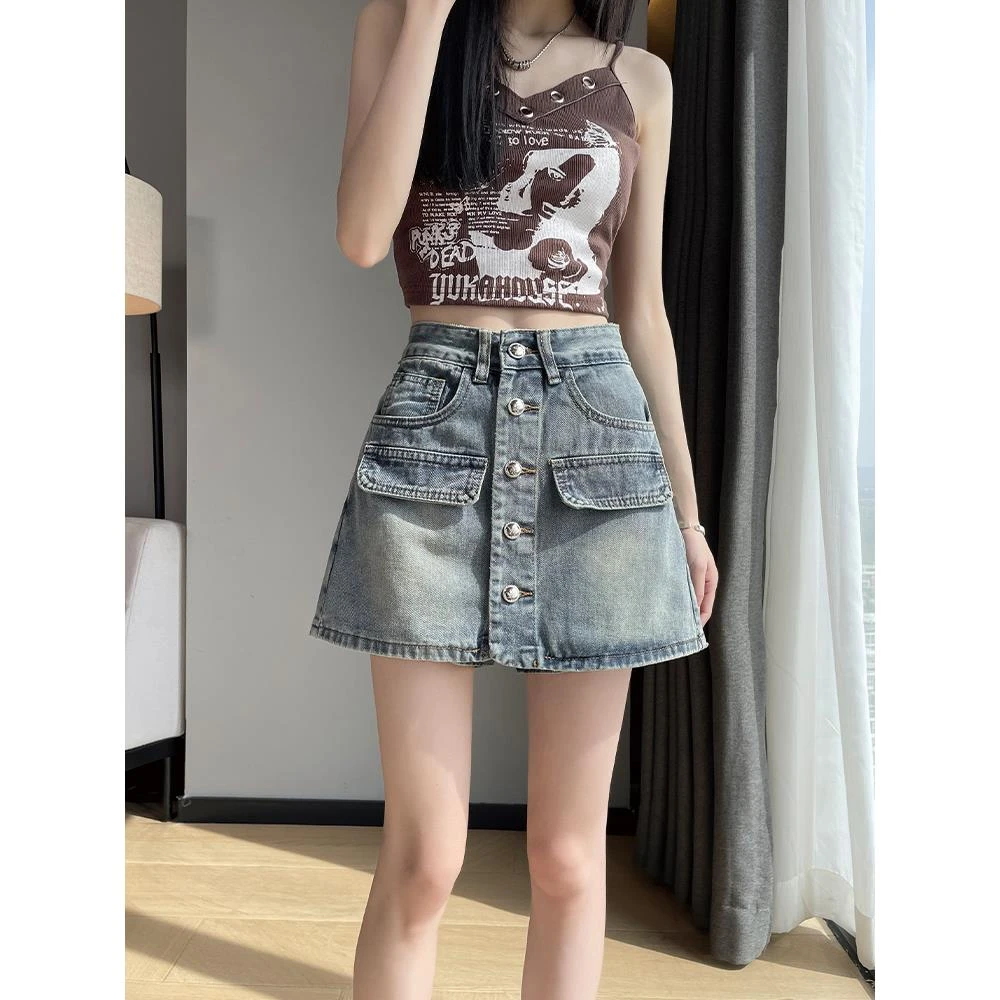 夏季高腰排扣A字牛仔短裙2025夏季新款小众设计款小个子显瘦裙裤