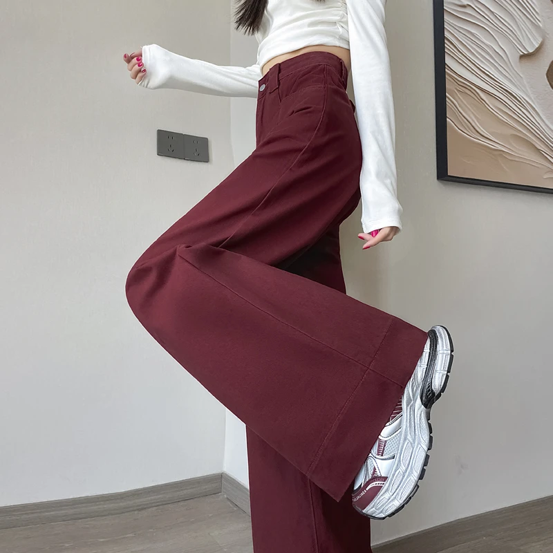 安可拉红阔腿牛仔裤女春秋加绒新款高腰宽松垂感加长拖地阔腿裤子