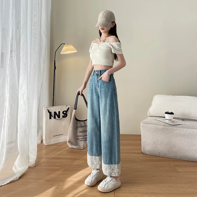 蓝色高腰蕾丝花边拼接牛仔裤女2025新款宽松显瘦直筒阔腿裤百搭潮