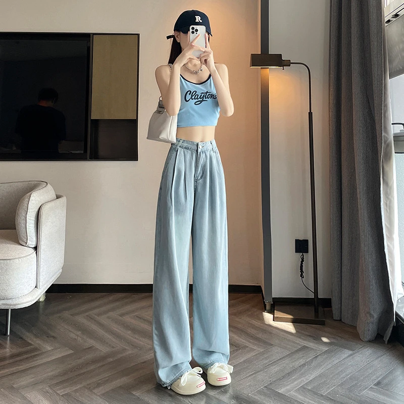 天丝牛仔裤女夏季薄款2024新款高腰垂感阔腿直筒宽松冰丝拖地裤子