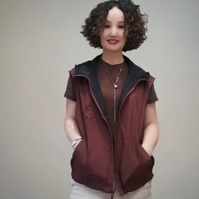 新款时尚宽松无袖连帽休闲拼色正反两穿马夹潮流马甲