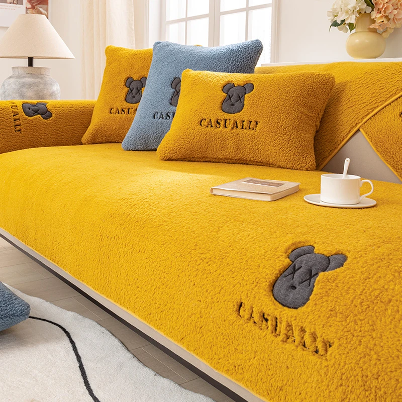 新款冬季羊羔绒沙发垫加绒加厚刺绣保暖毛绒坐垫防滑皮沙发套罩