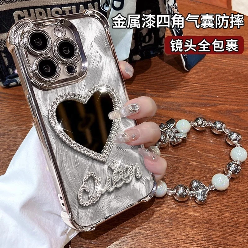 爱心镜子高级感适用于苹果15创意华为防摔OPPO女款VIVO电镀手机壳