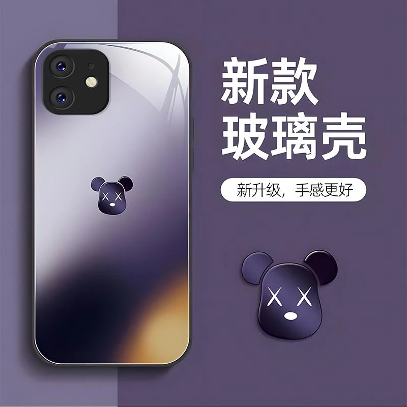 适用苹果11手机壳iphone11玻璃暗紫暴力熊女款防摔简约创意时尚个