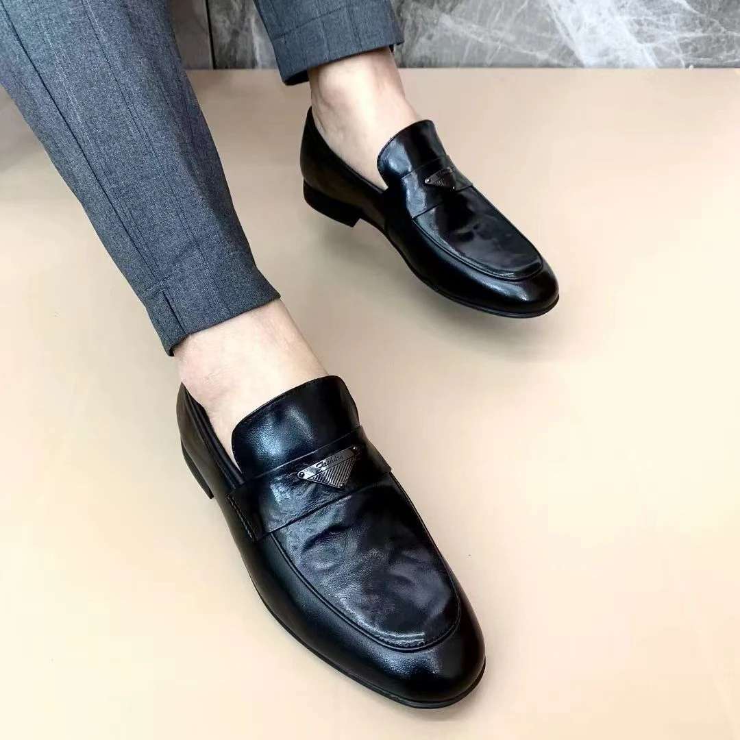 广州休闲真皮男鞋时尚潮流透气软底低帮乐福鞋一脚蹬商务休闲皮鞋