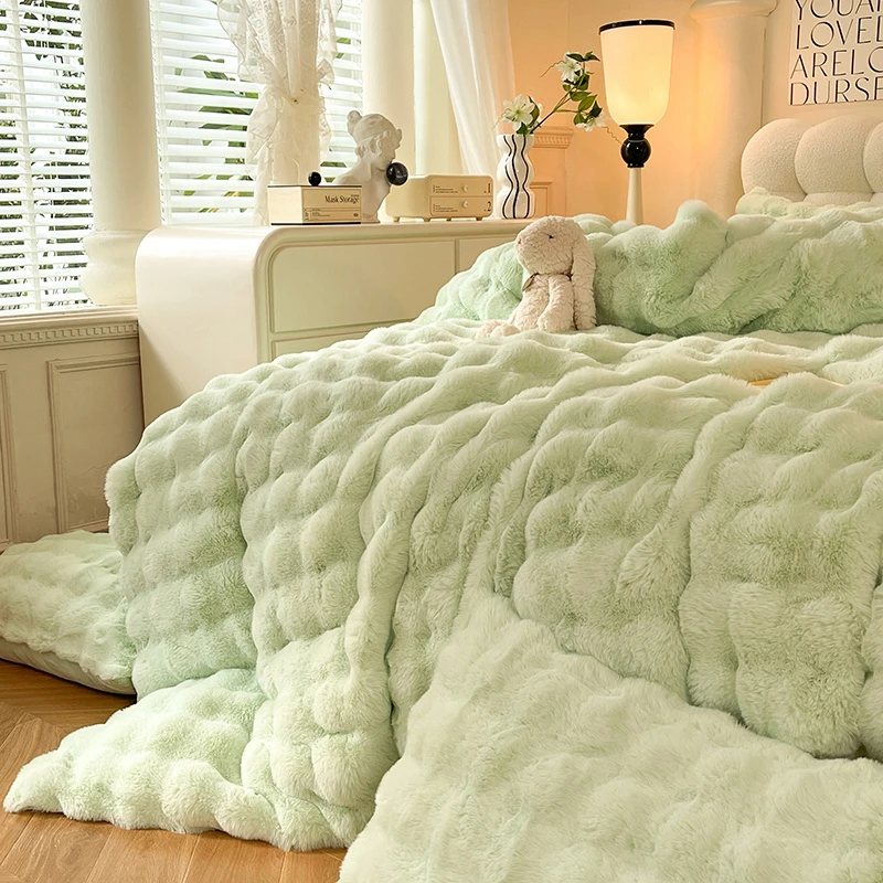冬季兔兔绒加绒加厚床上四件套公主风双面毛绒牛奶珊瑚绒床单被套