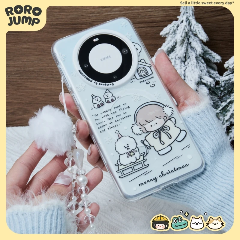 肉肉酱雪橇小狗磁吸适用mate60pro华为手机壳磨砂冬日氛围防摔女