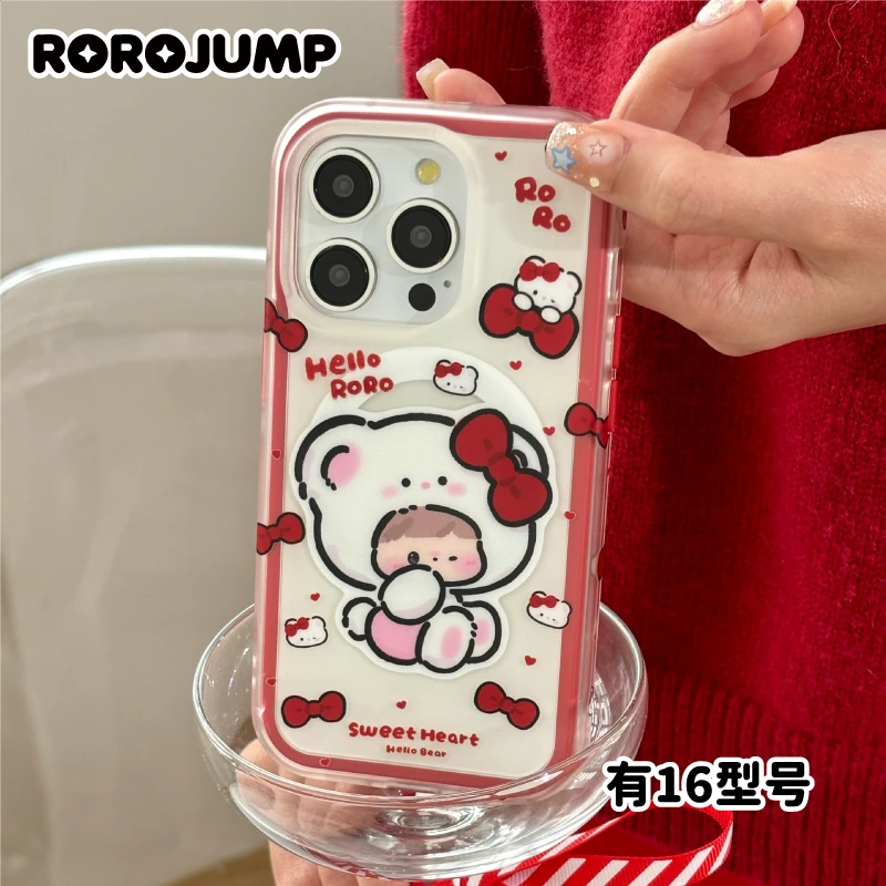 肉肉酱蝴蝶结猫猫原创适用iPhone16二合一磁吸手机壳苹果15红色