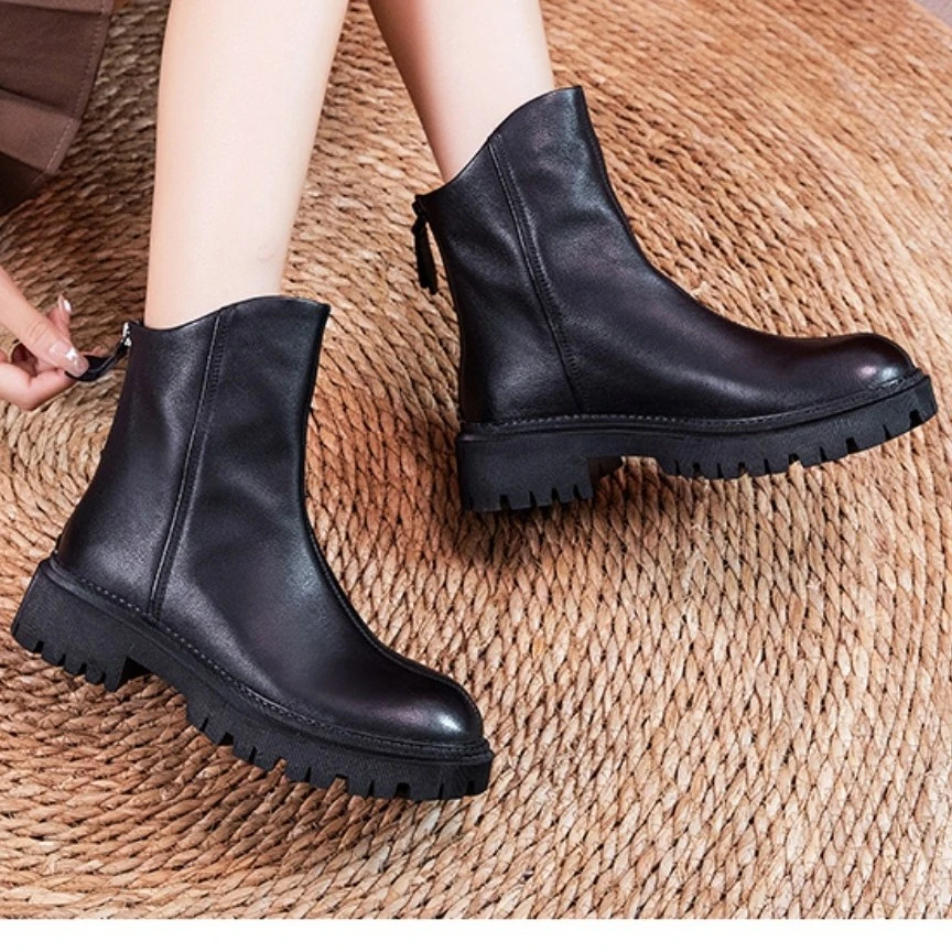 头层牛皮短靴女真皮英伦马丁靴2022秋冬季粗跟休闲帅气增高单靴