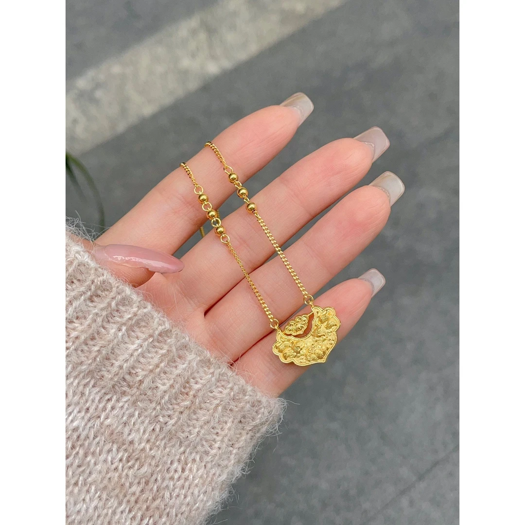 铜合金项链 经典锦鲤锁包金色项链平安金锁宫廷风公主气质时尚风