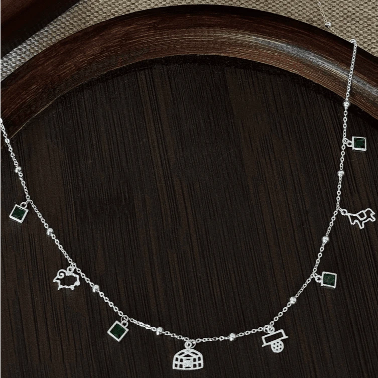 铜合金项链 蒙古元素银色颈链绿色家园项链女轻奢百搭小众锁骨链