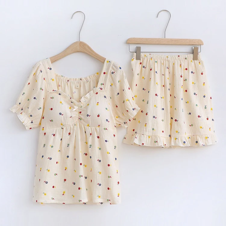 睡衣女夏天薄款双层纯棉纱布带胸垫短袖短裤套装甜美可外穿家居服