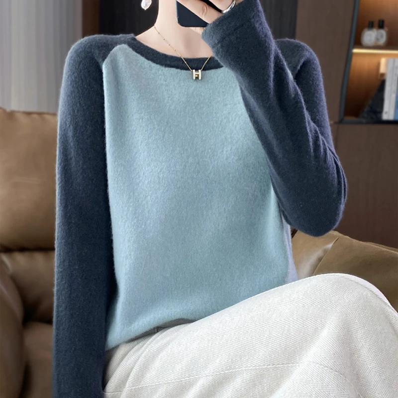 100纯羊毛衫女圆领套头拼色插肩毛衣减龄显瘦短款针织打底衫