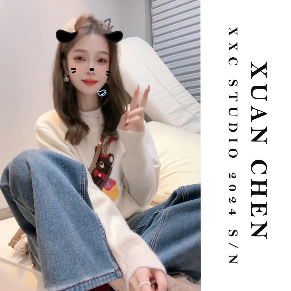 【小熊毛衣】秋冬ins风宽松套头毛衣韩版时尚洋气提花针织衫#3819