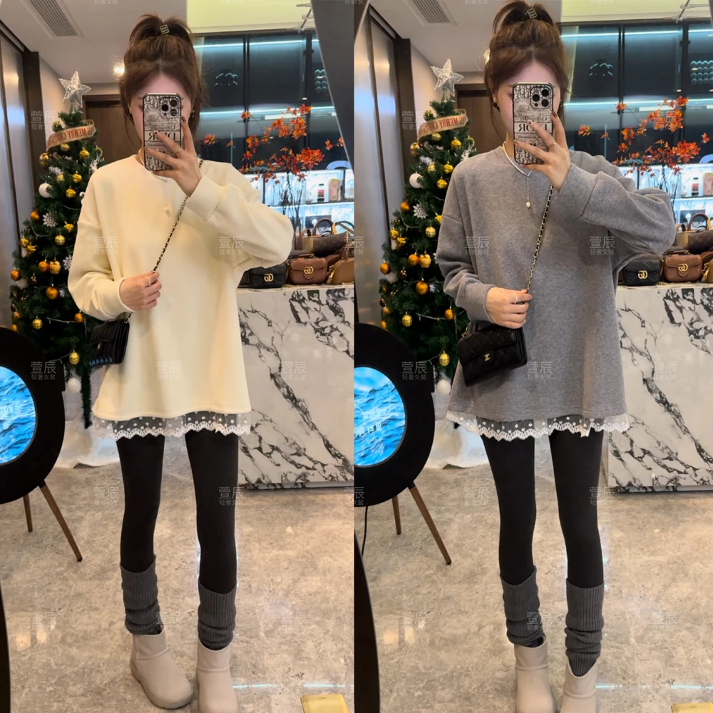 【最初的告白】韩版宽松蕾丝拼接外穿T恤冬季加绒百搭休闲卫衣#3909
