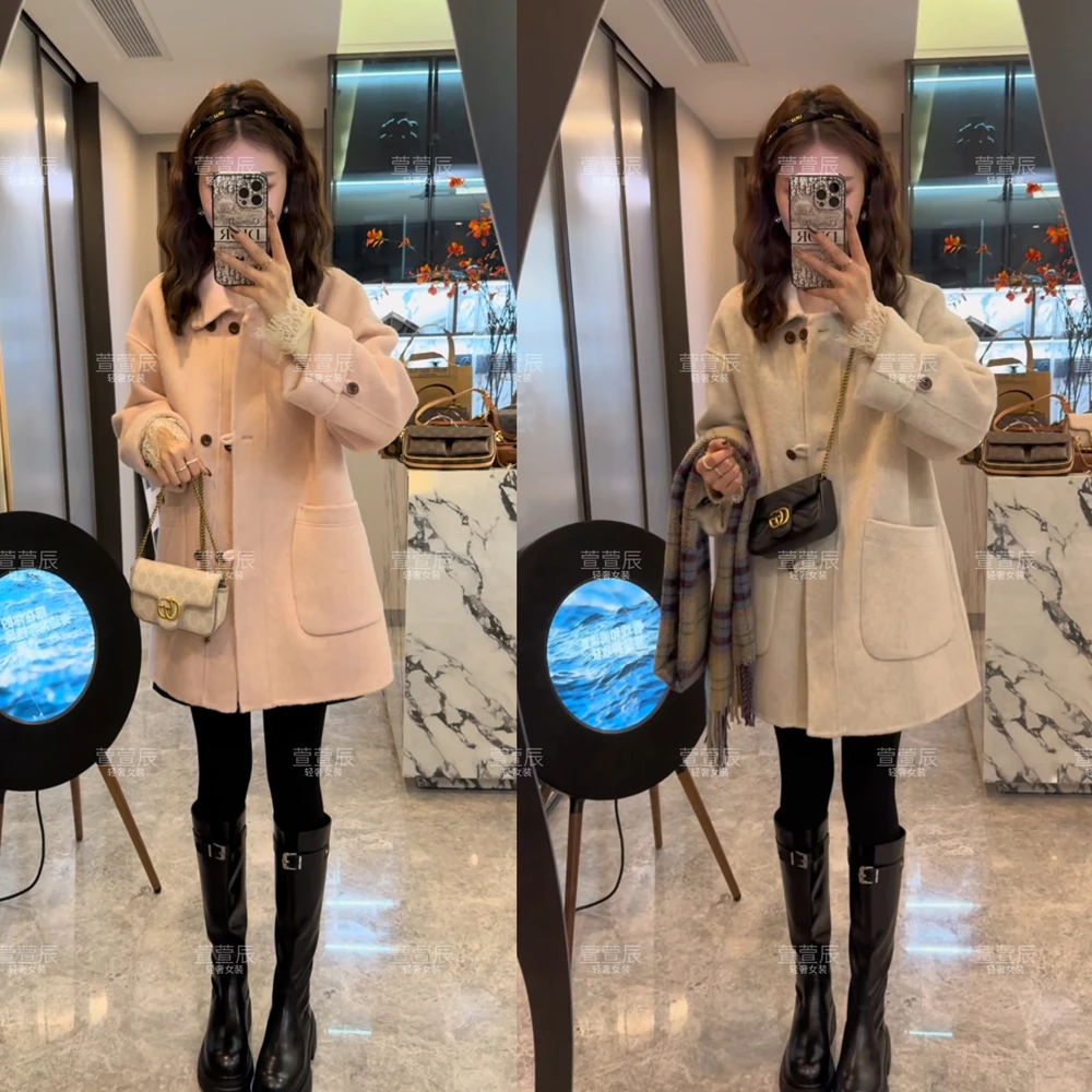 【枫糖拿铁】韩版厚款双面羊毛呢大衣时尚洋气中长款大口袋外套3727