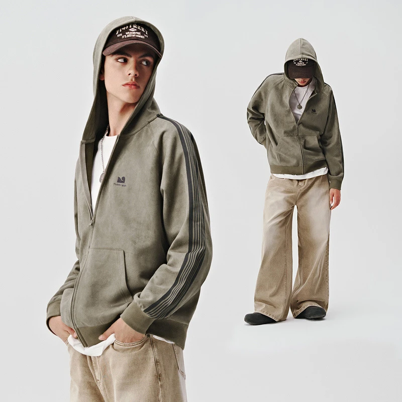 714street仿麂皮绒织带连帽卫衣开衫男女同款上衣新款帽衫421332