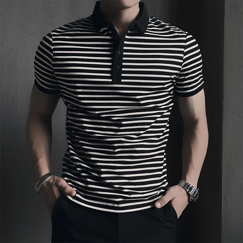 横条纹polo衫男士短袖夏季冰丝商务男装2025新款爆款高端潮流T恤