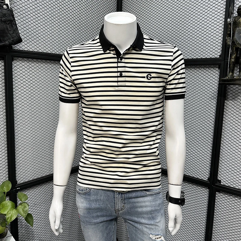 条纹POLO衫男短袖t恤夏季纯色新款休闲圆领高端潮牌百搭修身体恤