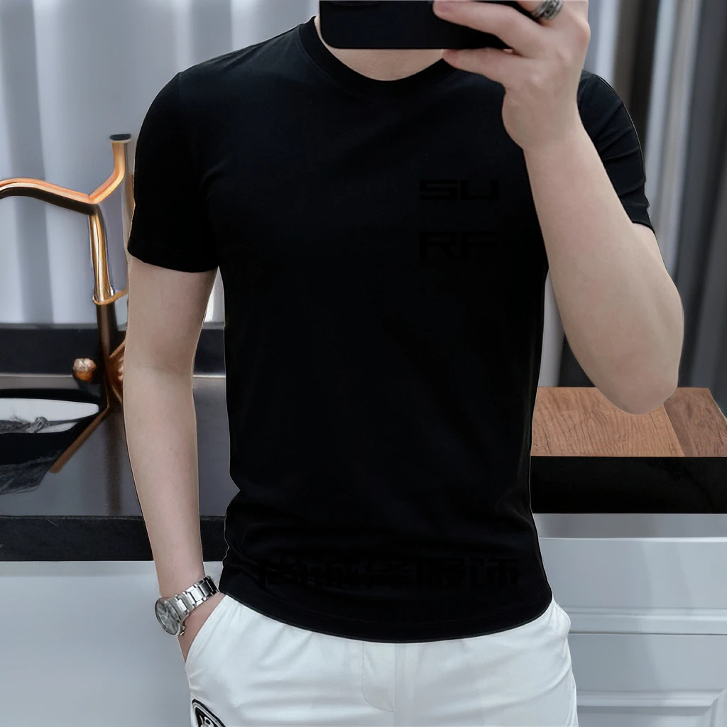 夏季新款丝光棉男士短袖T恤简约净版黑色修身T恤圆领薄款男装半袖