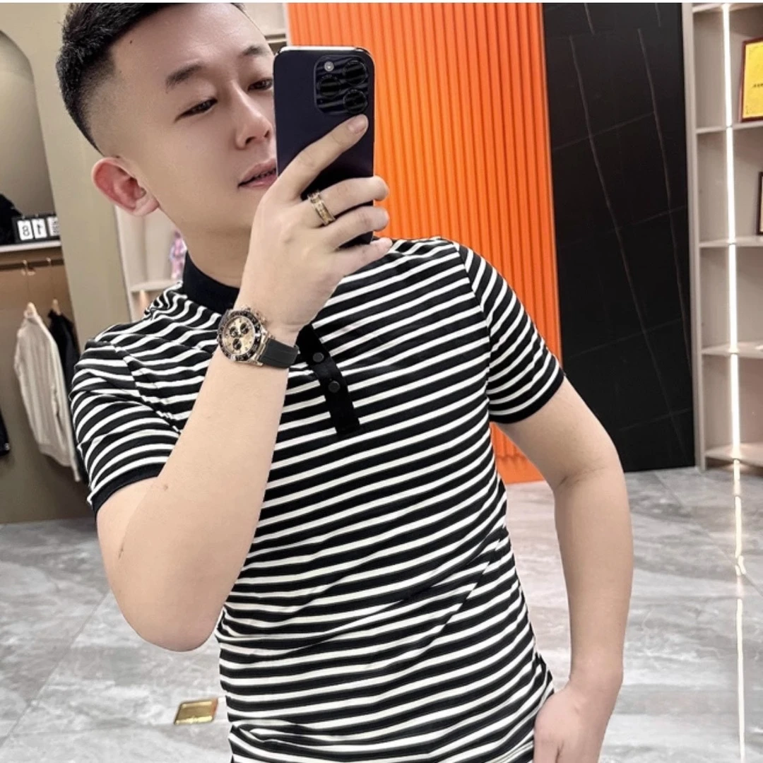 夏季新款短袖polo衫男时尚翻领t恤清凉商务休闲半袖潮流条纹上衣