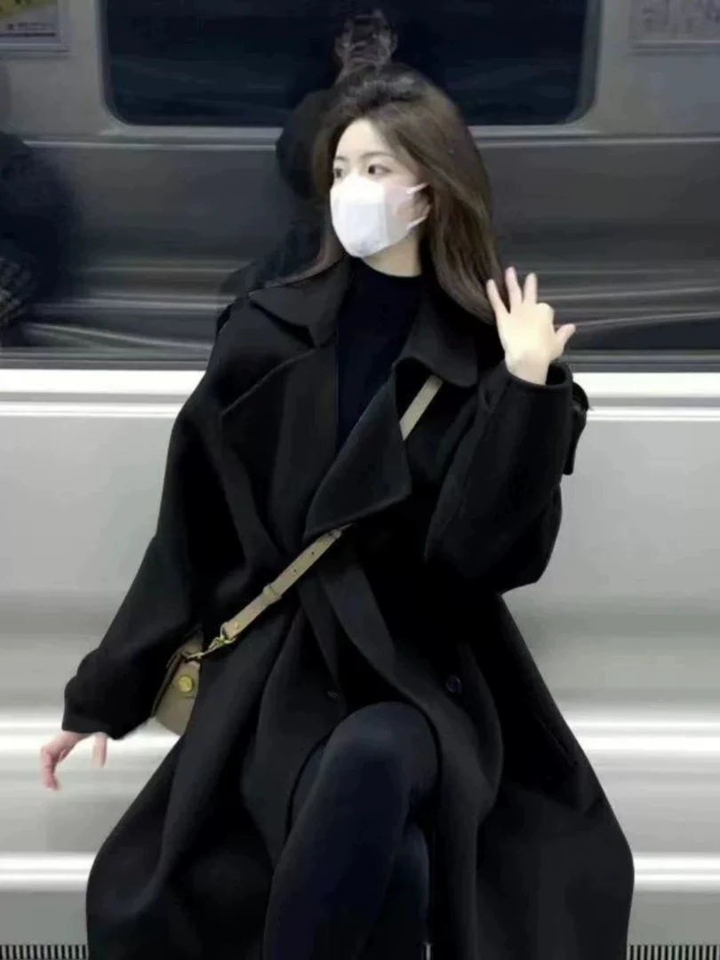 黑色双面呢子大衣2024秋冬时尚网红韩版中长款赫本风毛呢外套