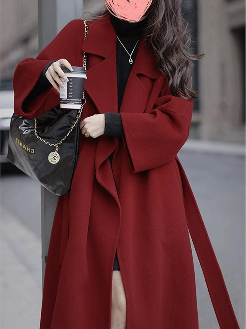 西西里红色双面呢子大衣女冬季韩系高雅气质毛呢外套微胖小个子