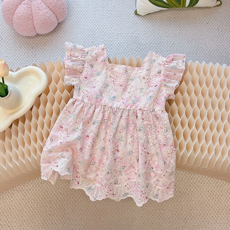 【童稚园】女童夏季新款棉质甜美风连衣裙飞袖女宝欧若风童装