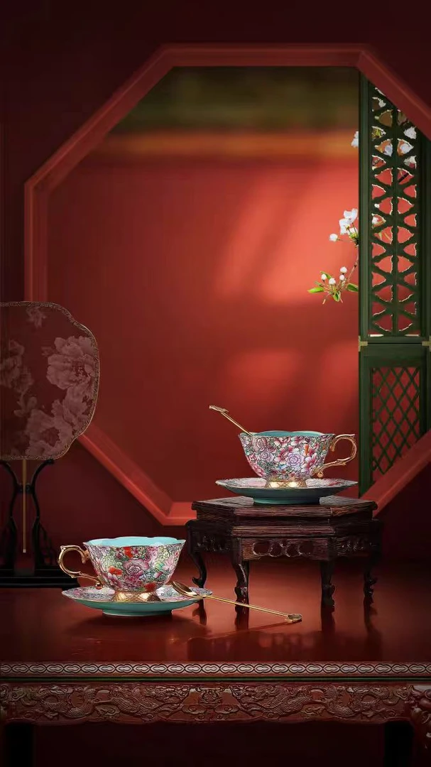 五言六器 如意芳菲珐琅彩咖啡杯双杯碟wy-057