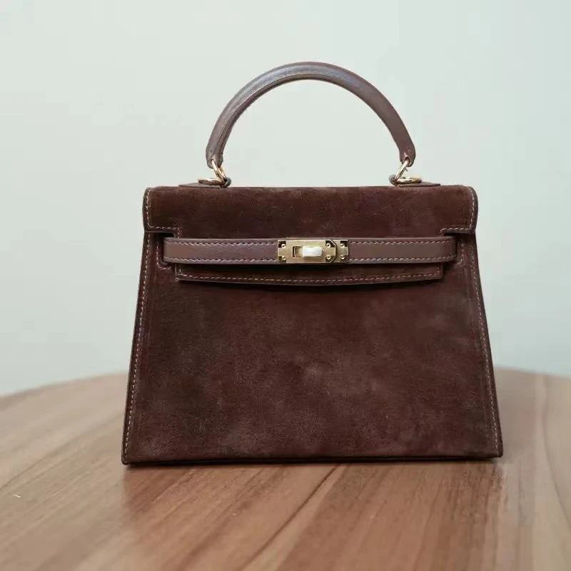 【鹿师傅】时尚复古女士凯莉包单肩斜挎女包纯色横款方形包包