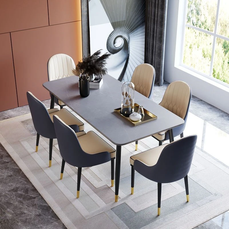 轻奢亮面岩板餐桌意式椅组合家用现代简约高端长方形饭桌子小户型