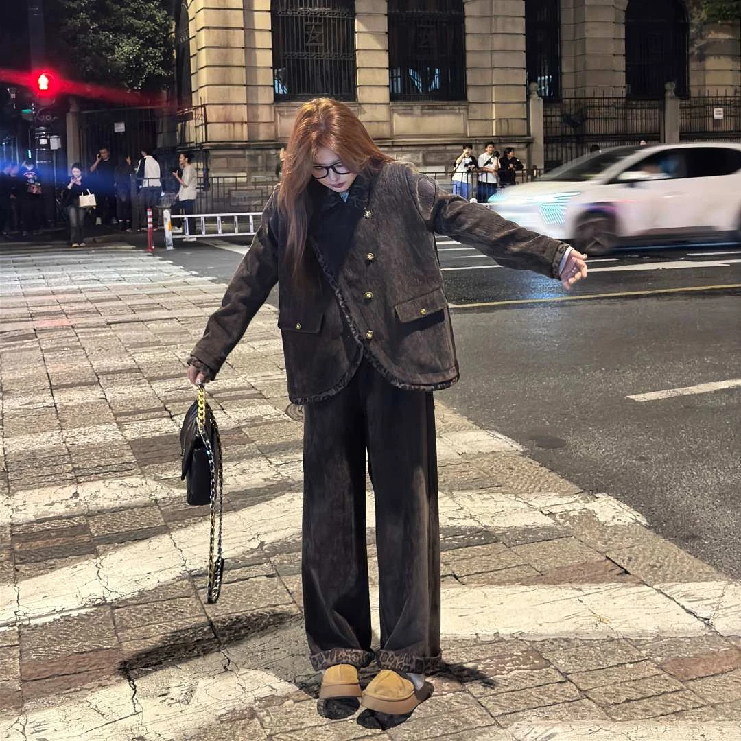 包子&南岛风大码女装拼接豹纹翻领外套女冬季宽松显瘦套装ZYY1189