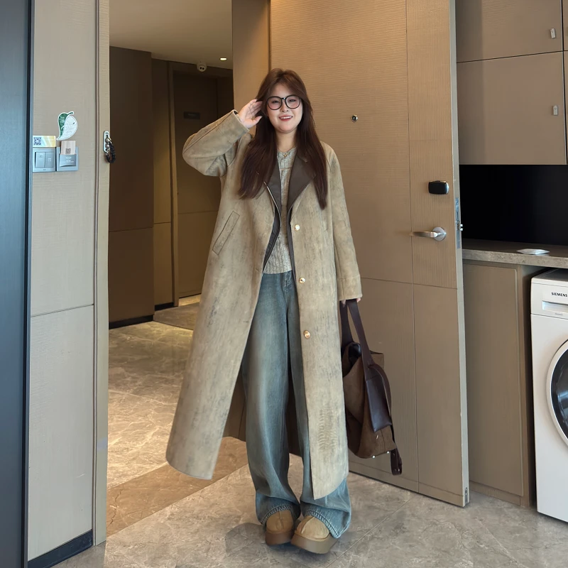 盈盈&南岛风大码女装秋冬拼接皮大衣女胖mm气质毛呢外套ZYY1283