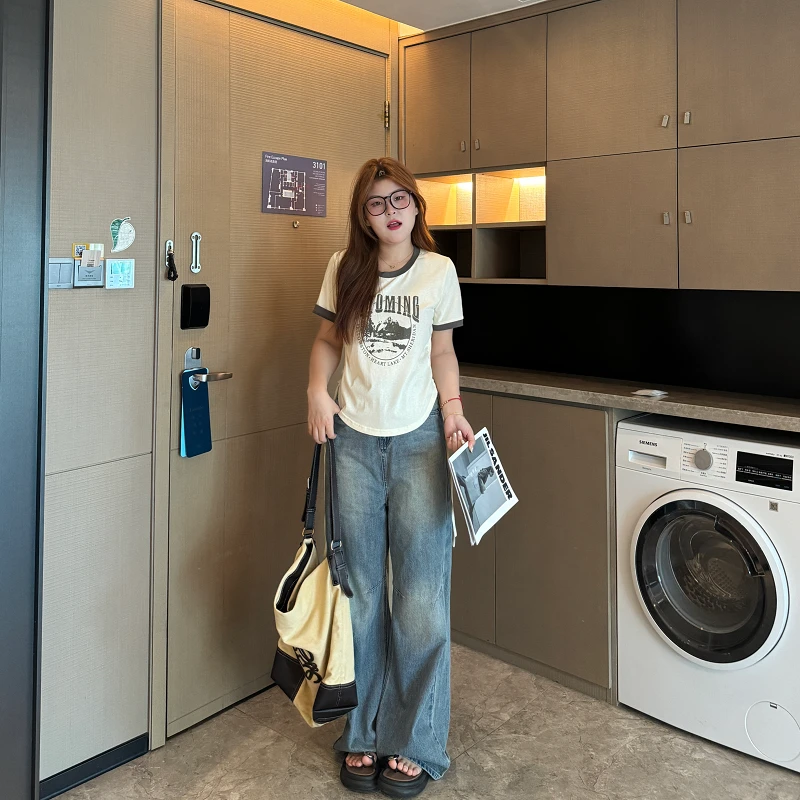 南岛风大码女装夏季百搭显瘦胖mm直筒阔腿拖地牛仔裤ZYY781